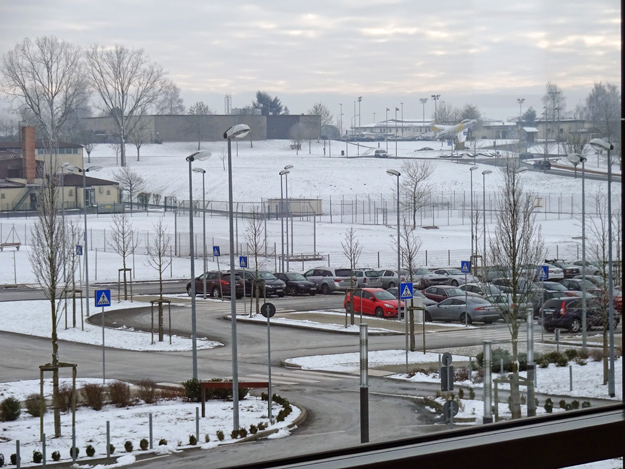 Photograph of snowy parking lot taken with Sony WX220 pocket camera for Pete Free's review of the camera.